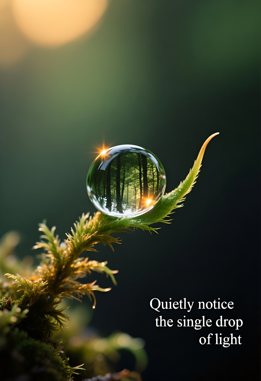 A single dewdrop on a curled moss blade in a dark forest, catching a thin golden light streak, deep green background fading to black.