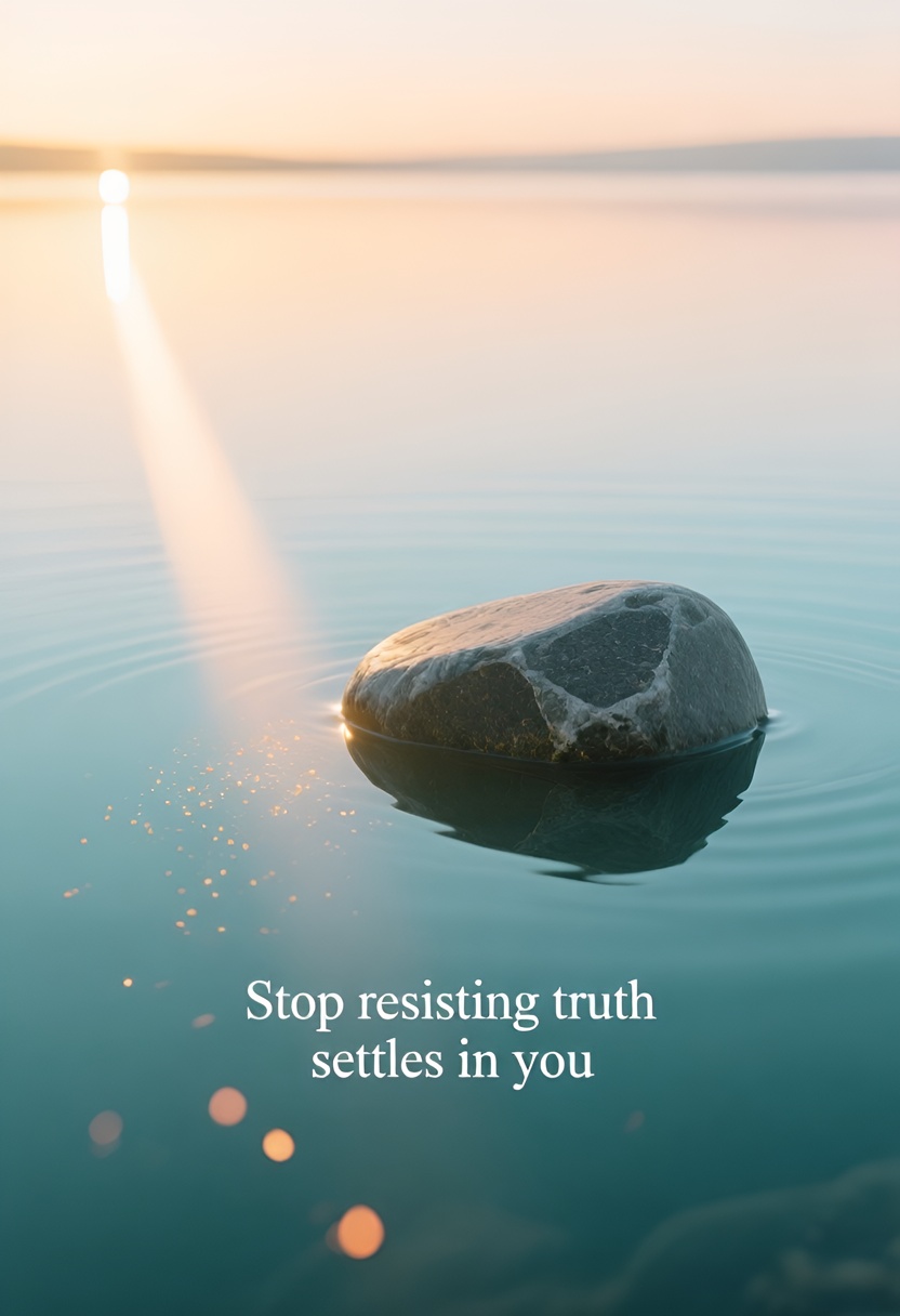 A smooth basalt stone half-submerged in a still teal lake at dawn, edges dissolving into clear water, a warm light beam cutting through the water column.