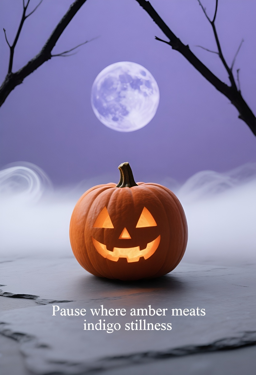 Orange pumpkin with carved eyes and smile on gray slate, amber glow, white fog at base, indigo full moon behind, bare branches in upper corners, low angle shot.