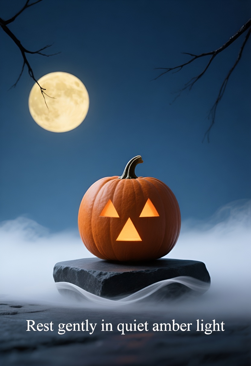 A round pumpkin with geometric carved face glows amber on a dark slate stone, white fog at base, pale moon and bare black branches in indigo sky
