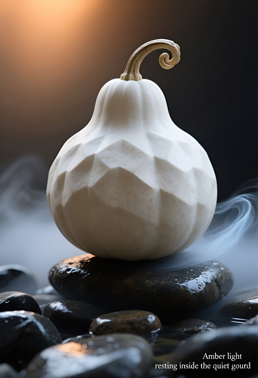 A bone-white gourd with geometric ridges rests on dark river stones, thin silver-blue mist curls at its base, amber backlight forms a halo against charcoal void