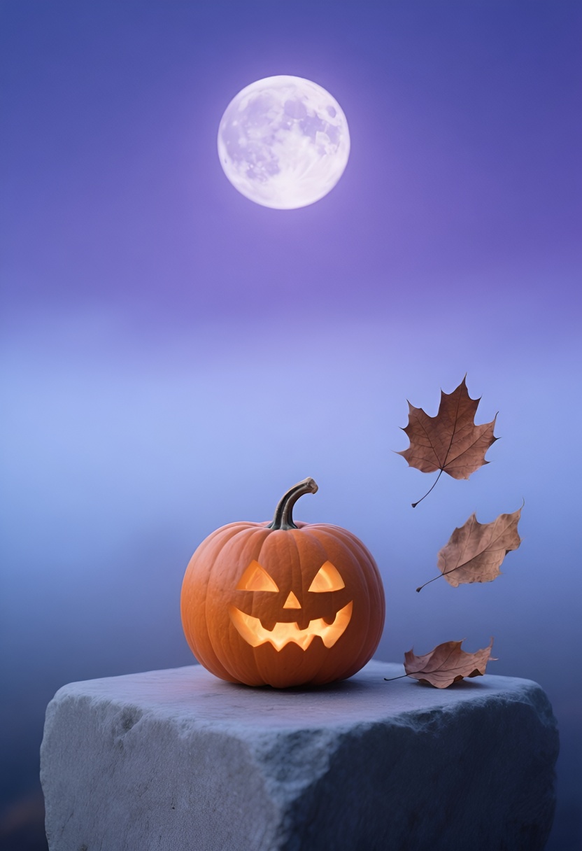 A carved orange pumpkin glowing amber on a grey stone slab, blue-violet fog behind, full moon above, three copper leaves left, indigo to violet gradient sky.