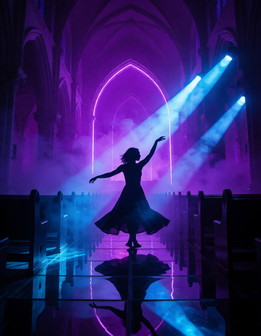 Darkwave ritual dancer silhouette in neon cathedral with violet and blue beams.