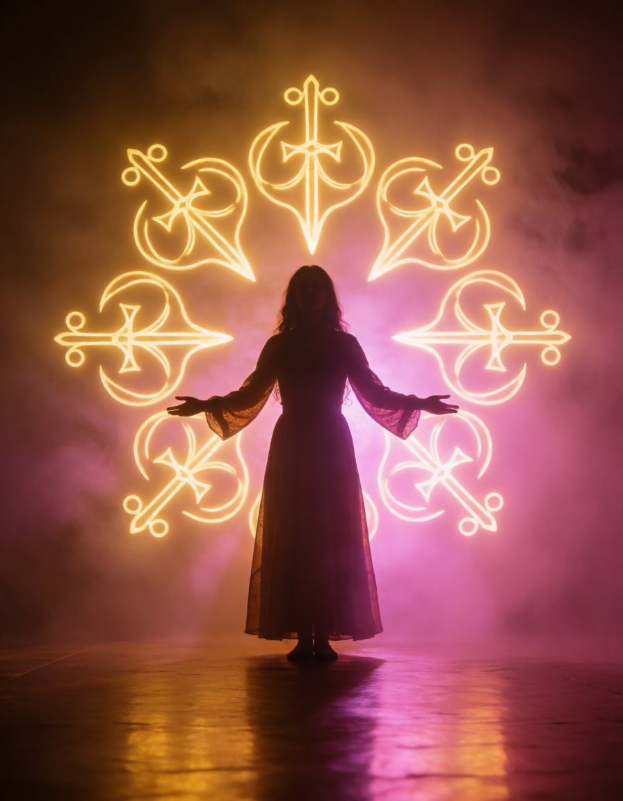 Gregorian chant and disco fusion silhouette with golden medieval light and magenta glow.