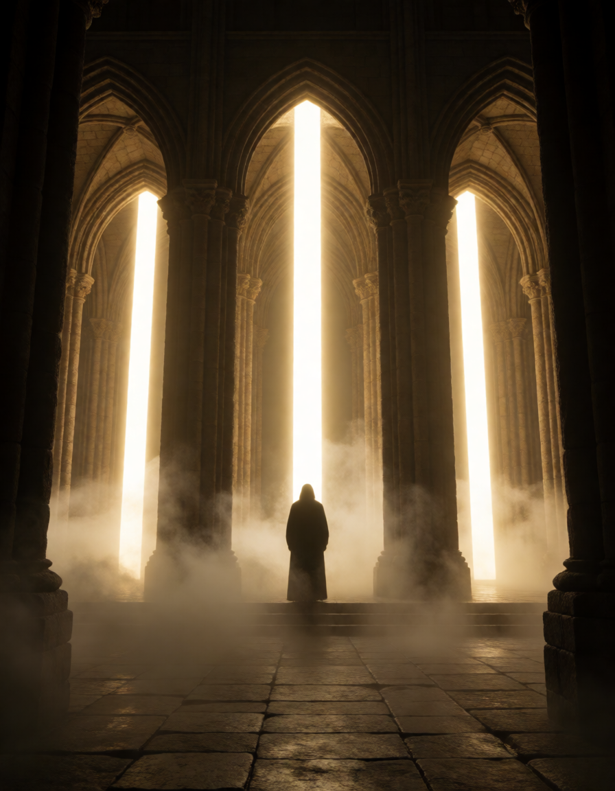 Gothic cathedral silhouette with glowing ritual beams and cinematic mist.