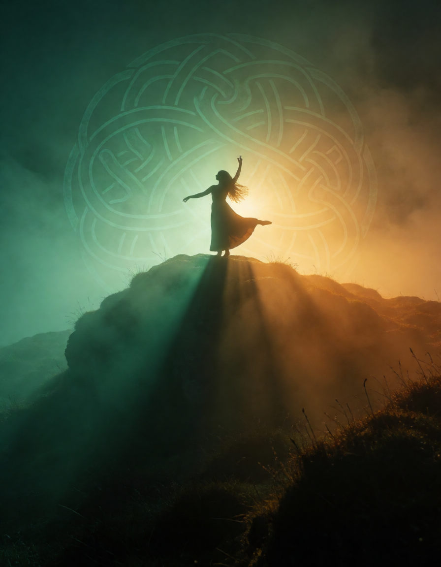 Celtic highland ritual silhouette on misty ridge with emerald and amber light.