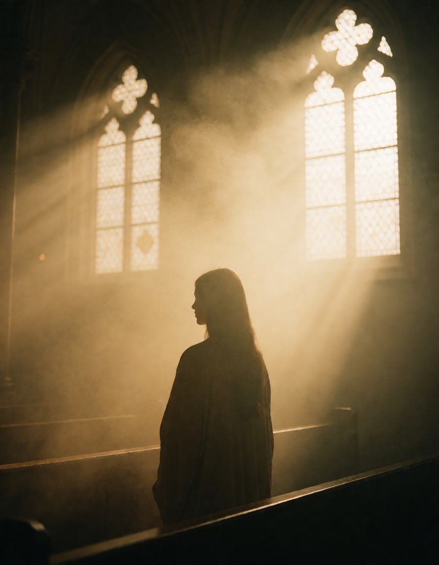 Ambient cathedral silhouette in soft golden haze and gentle ritual light.