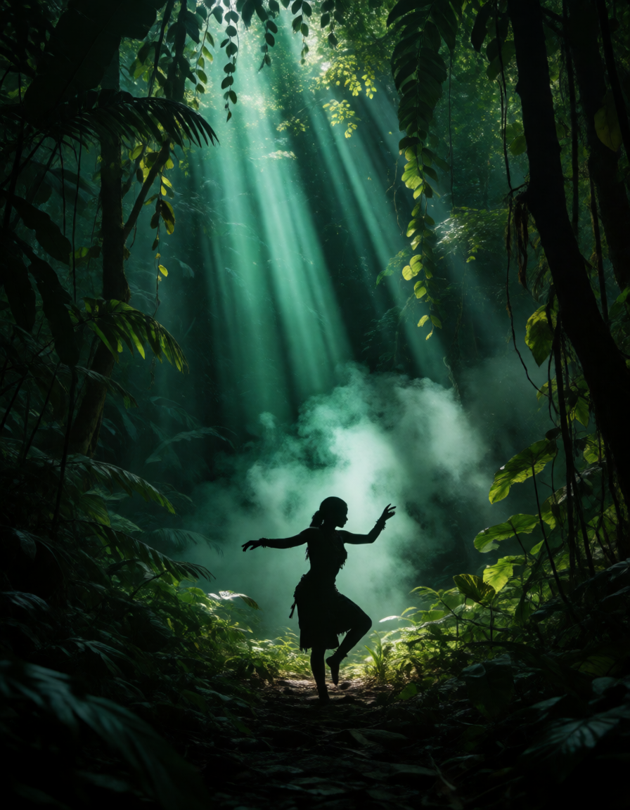 Jungle ritual silhouette with emerald beams and rising mist in dense foliage.