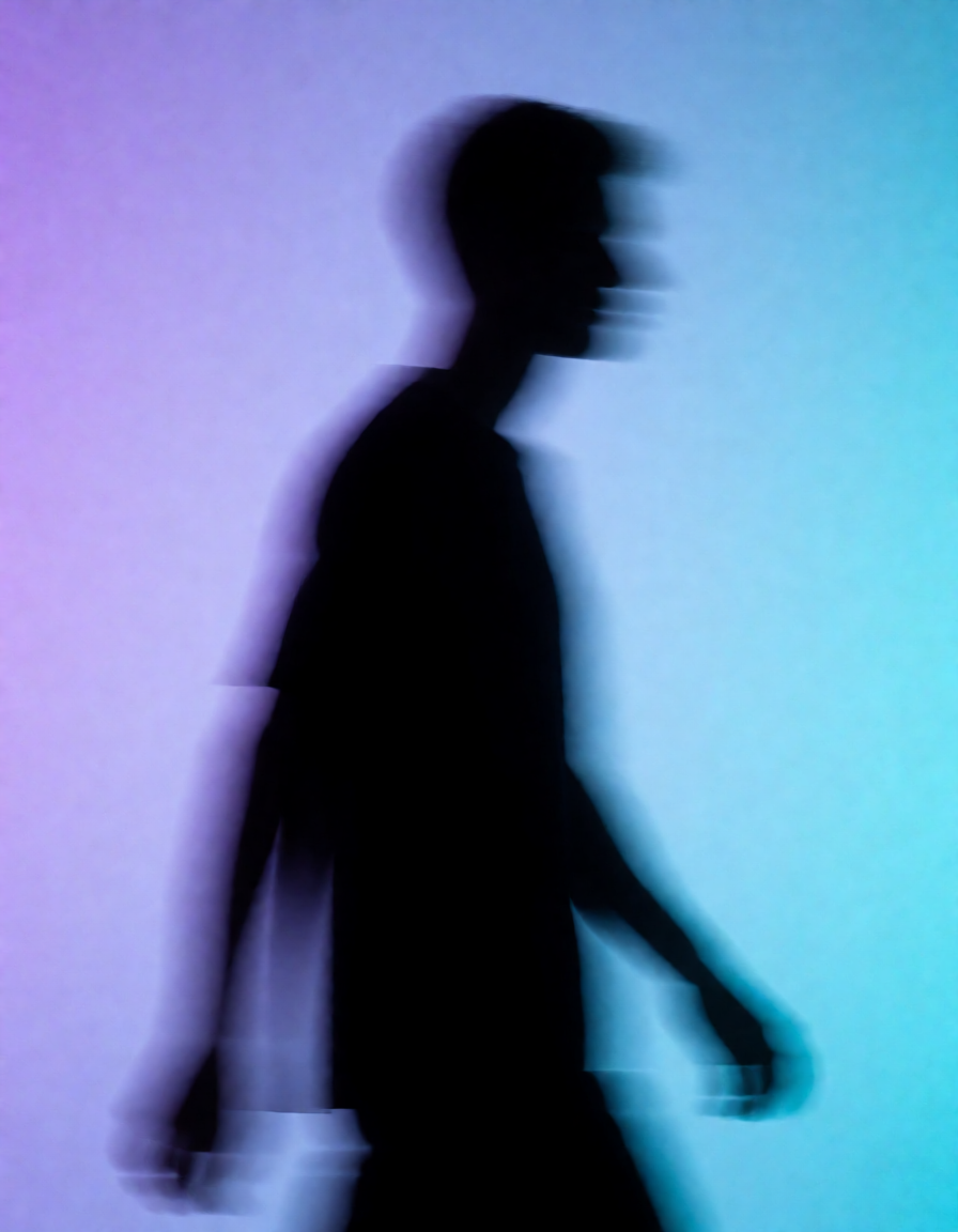 Minimal dancer silhouette against glowing violet‑cyan gradient haze.