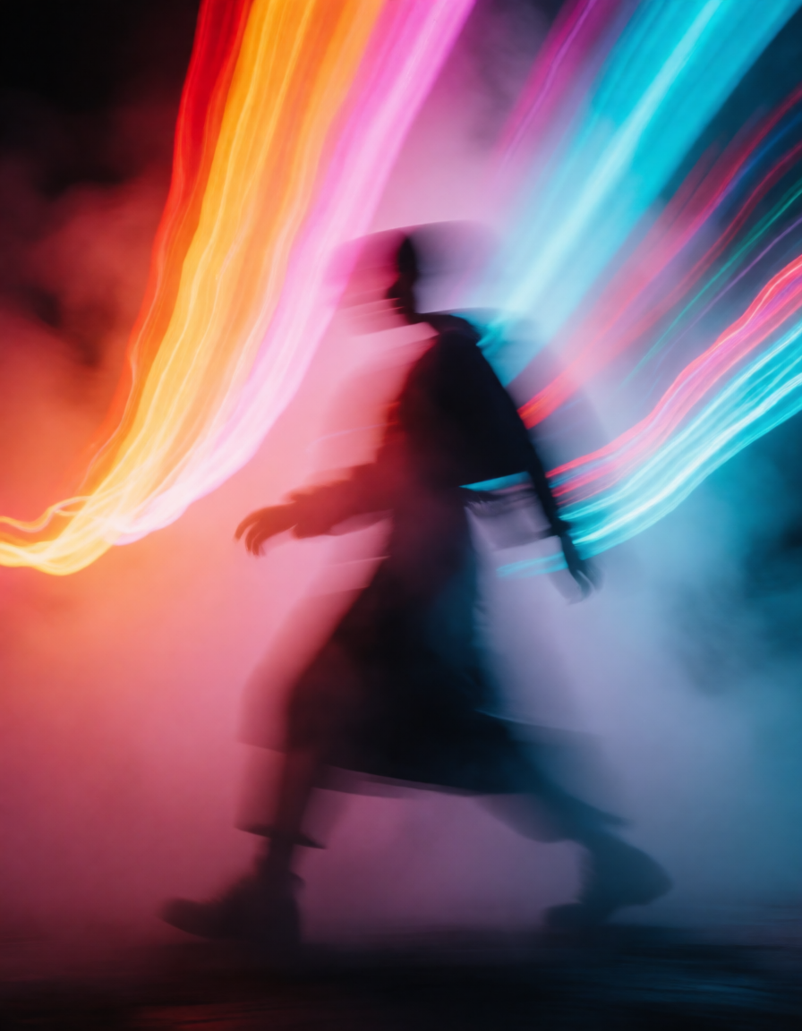 Abstract ritual motion silhouette with neon streaks and cinematic haze.