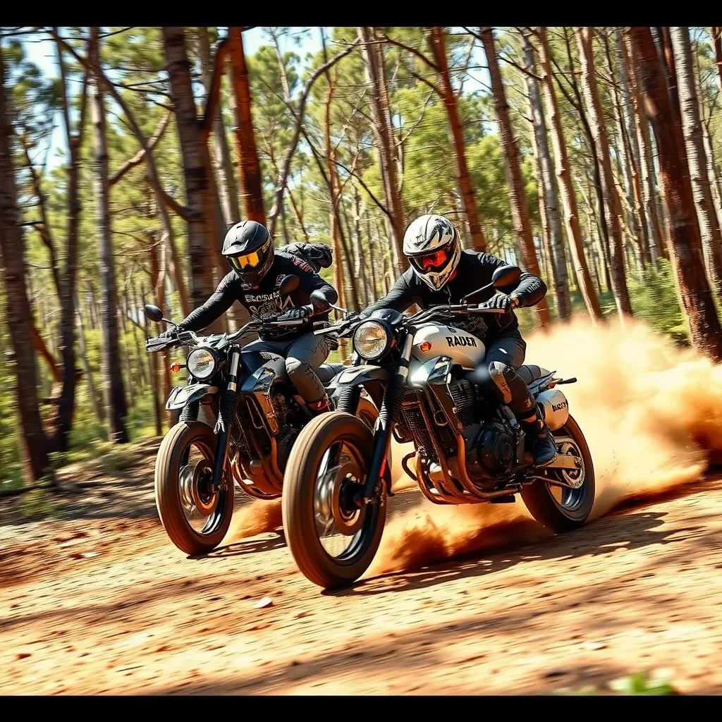  A photorealistic image of a dirt bike rider soaring through the air over a rugged trail, with a sleek, modern financing calculator interface overlaid on the image. The interface should display various loan terms and options, emphasizing the flexibility of the financing options.