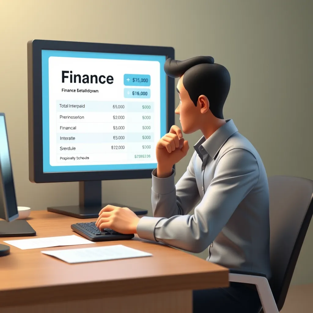 A person sitting at a desk, looking thoughtfully at a finance calculator display. The screen shows a detailed loan breakdown, including total interest paid and repayment schedule. The image should portray a sense of confidence and empowerment, emphasizing the importance of financial planning.