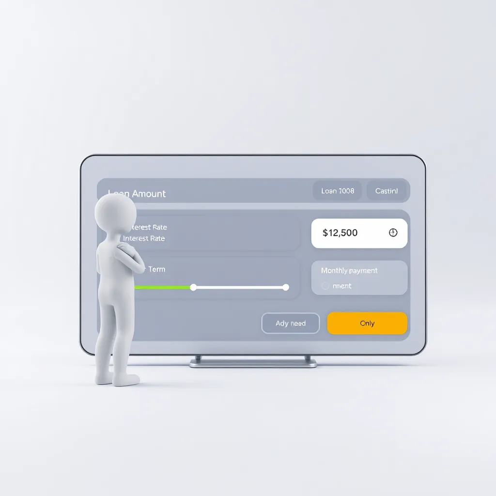 A modern, sleek interface showcasing a finance calculator. The screen displays multiple tabs labeled "Loan Amount", "Interest Rate", "Loan Term", and "Monthly Payment". The interface should be clean and user-friendly, with interactive sliders and buttons for adjusting loan parameters.