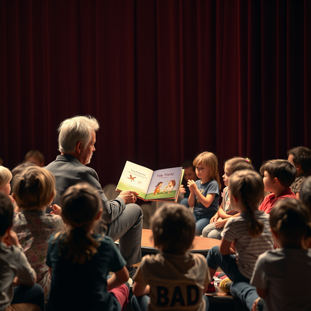 [Your Name] is seated on a stage, reading one of their children's books to a group of attentive children. Soft lighting, a cozy atmosphere, and a focus on the author's engaging storytelling style. Technical specs: 4K resolution, warm and inviting.