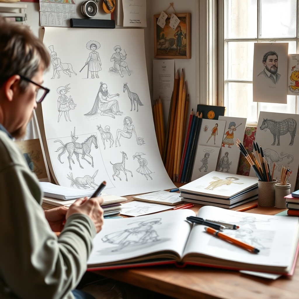 A behind-the-scenes look at the creation of one of [Your Name]'s children's books. Show sketches, drafts, and other elements of the creative process. A sense of creativity and inspiration should permeate the image. Technical specs: 4K resolution, detailed and organized.