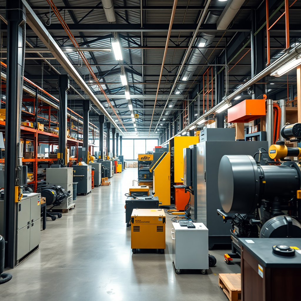 A business expanding, with new equipment and machinery being added. Style: Growth-oriented and professional.