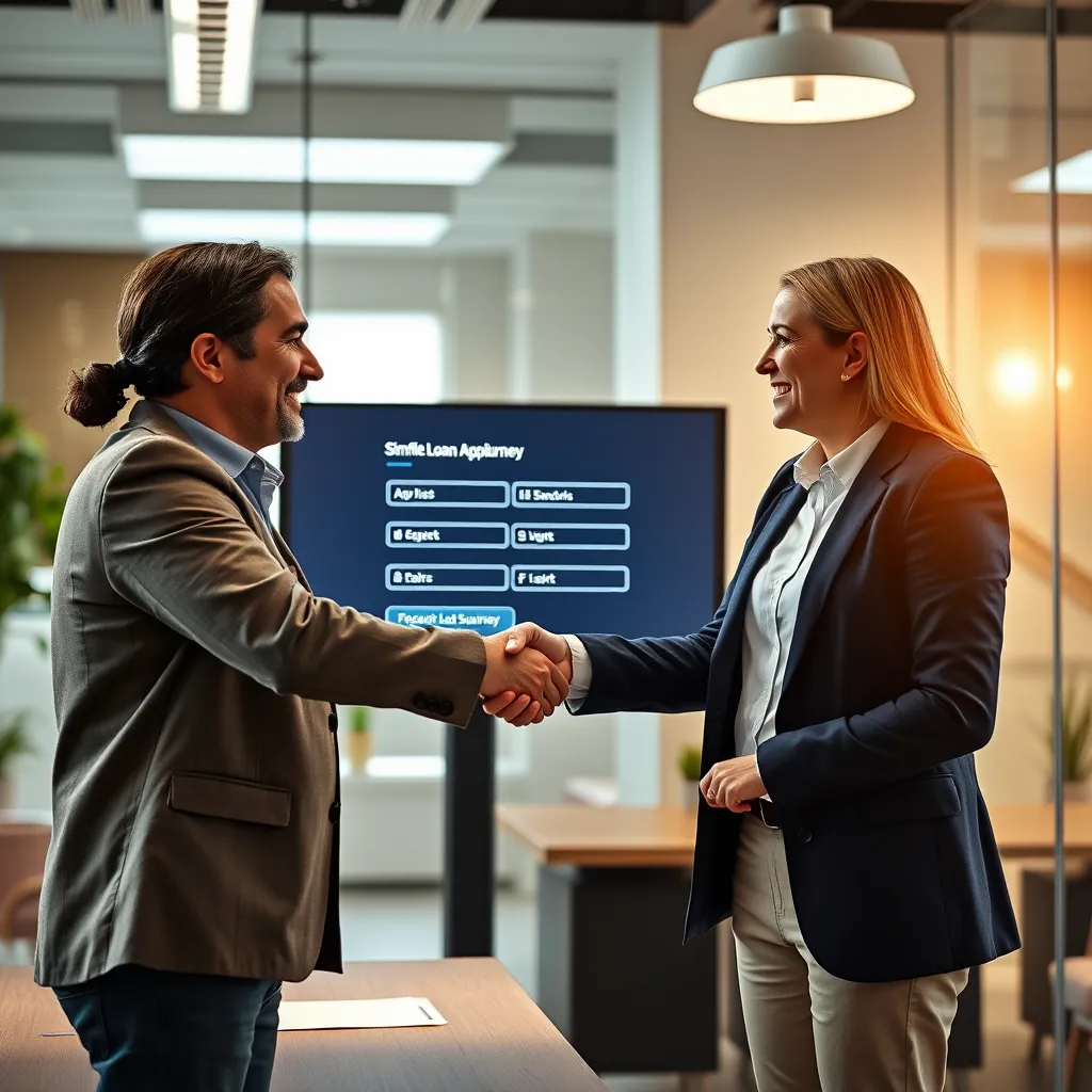 A business owner shaking hands with a friendly loan officer in a modern, well-lit office. The office should be filled with positive energy, symbolizing a collaborative and supportive financing journey. In the background, a digital screen displays a simplified loan application form, emphasizing the user-friendly process.