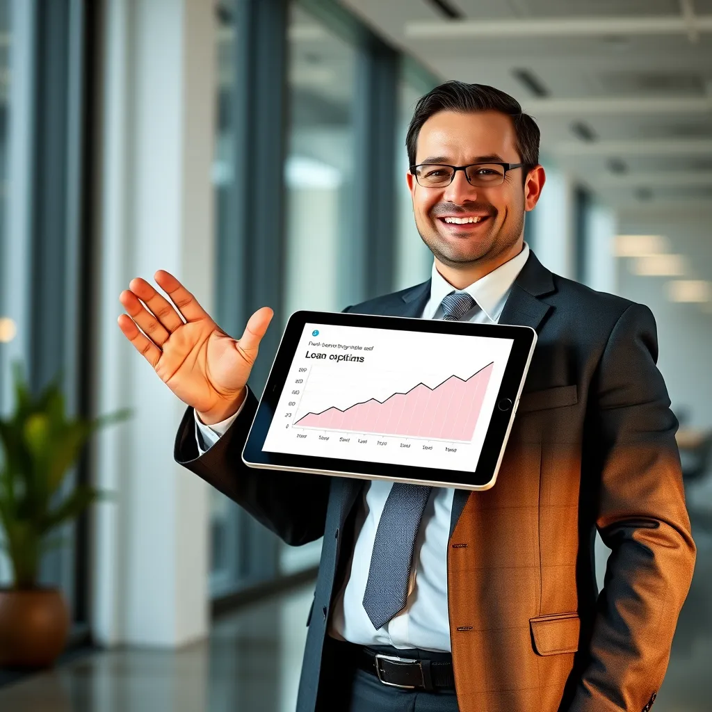 A business person in a suit, standing in a modern office with a bright, open background. They are holding a tablet displaying a graph of loan options, and are smiling and gesturing with their hand towards the tablet, indicating a confident and helpful attitude.