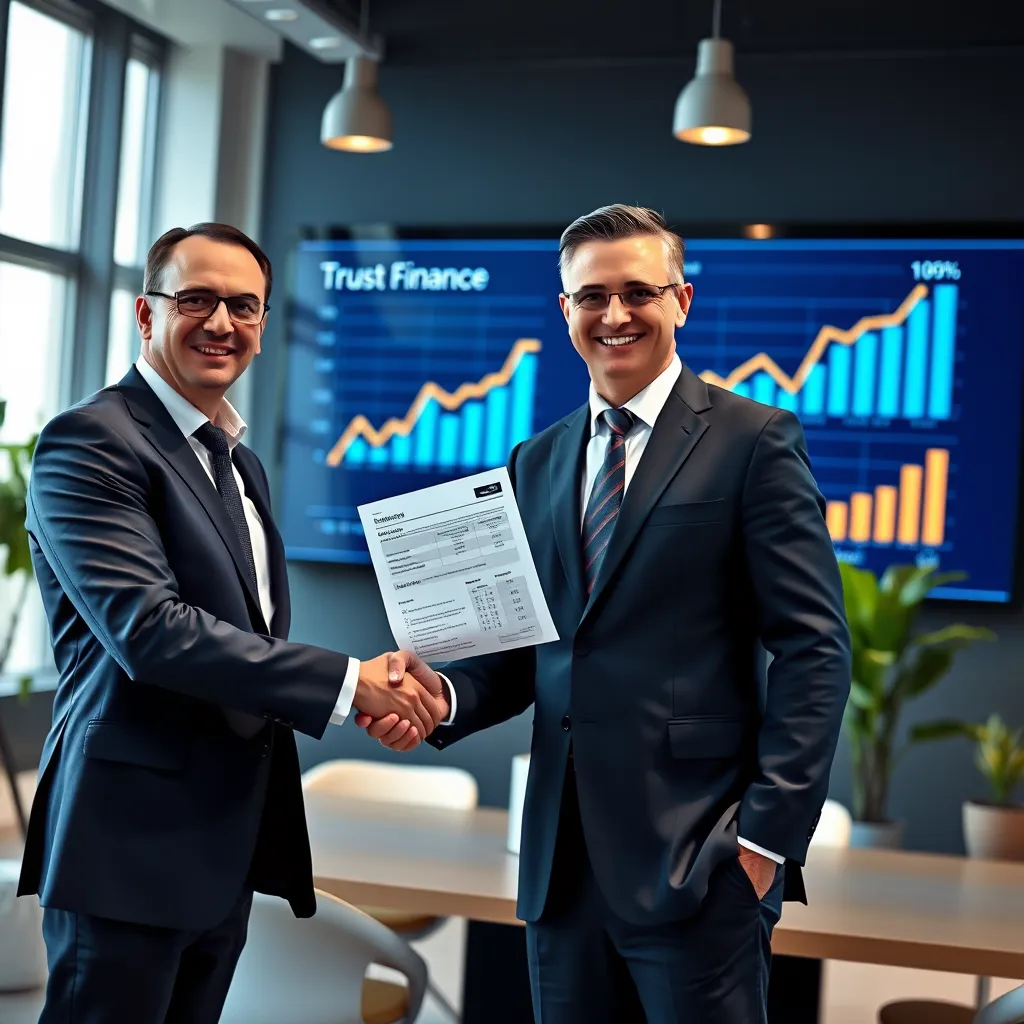 A businessman in a suit shaking hands with a friendly finance broker, with a document showcasing financial details. The background should be a professional office space with a large digital screen displaying a chart showcasing financial growth. The image should emphasize trust, transparency, and efficiency.