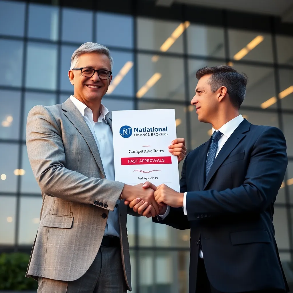 A businessman shaking hands with a National Finance Brokers representative in front of a modern office building. The representative holds a document with the company logo and the words "Competitive Rates" and "Fast Approvals" highlighted. The image should convey trust, professionalism, and success.