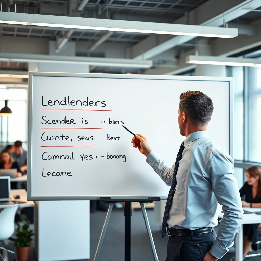 A businessman standing in front of a whiteboard with the names of different lenders written on it, using a pointer to highlight the best option for a customer. The background should be a modern office with a team of professionals working.