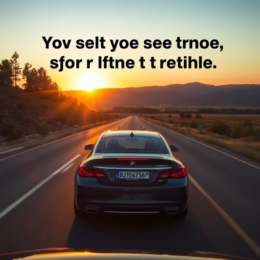 A car driving down a scenic road, with the sun setting in the background. The image should evoke a sense of freedom and adventure. Style: Motivational and inspiring.