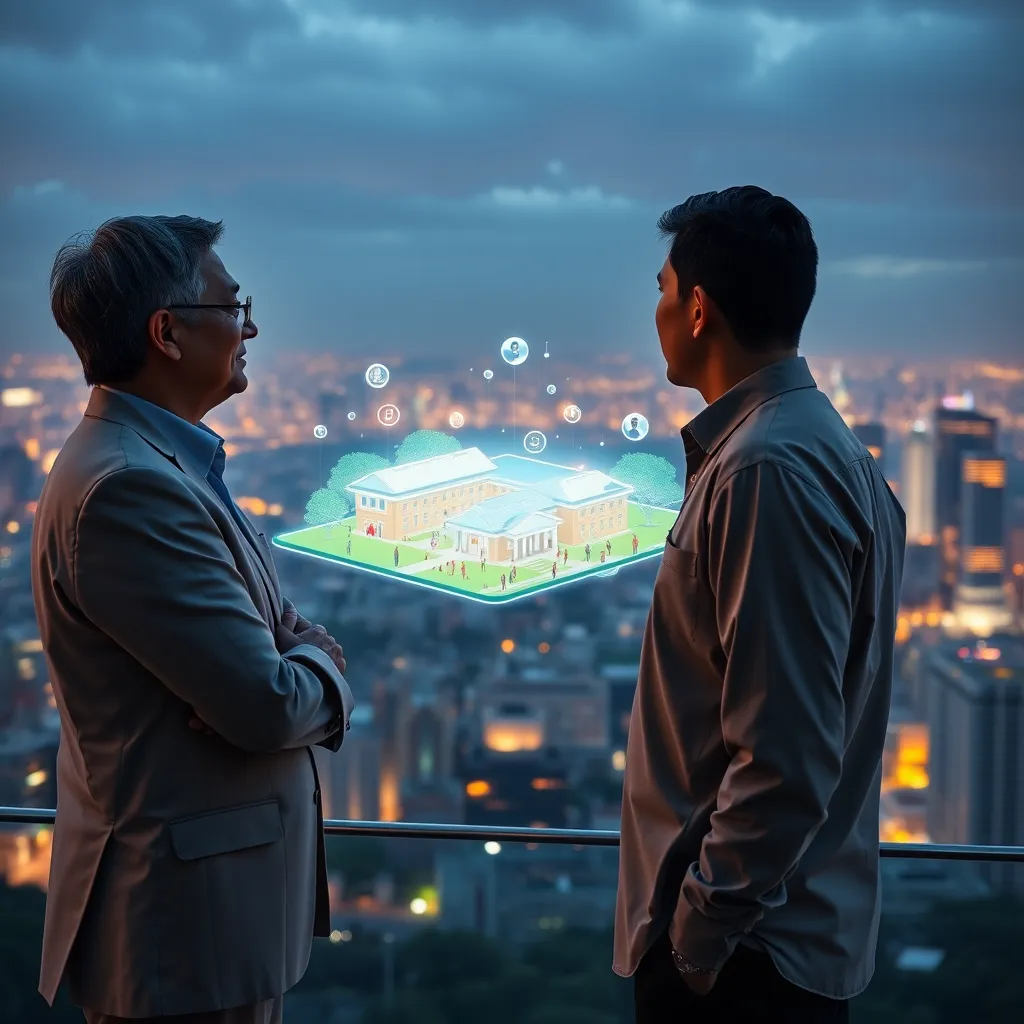 A CEO and a head of school standing side-by-side, overlooking a panoramic city skyline, with a glowing holographic projection of a school campus filled with vibrant students and innovative learning opportunities, symbolizing their shared vision for future growth and impact.
