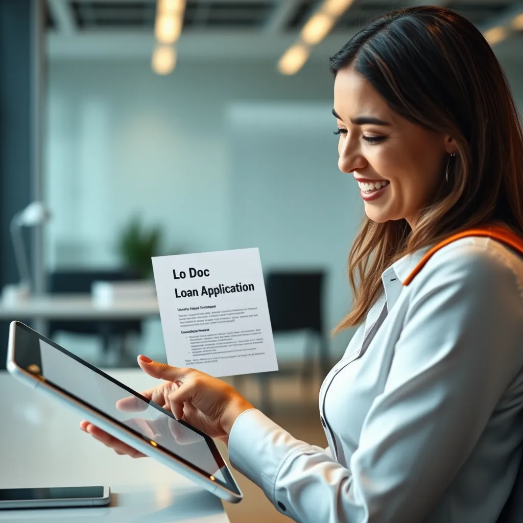 A cheerful businesswoman using a tablet computer and checking a document marked 'Lo Doc Loan Application' while sitting in a modern office. The scene should emphasize ease and efficiency.