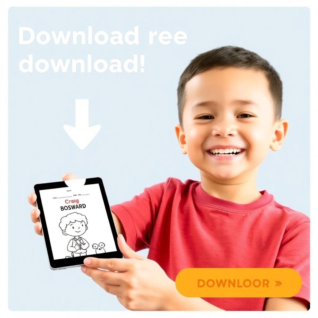 A cheerful graphic showing a child happily receiving a digital download of a Craig Bosward coloring page or book on a tablet or phone. The image should be bright, clean, and easily accessible, emphasizing the ease of downloading free content.