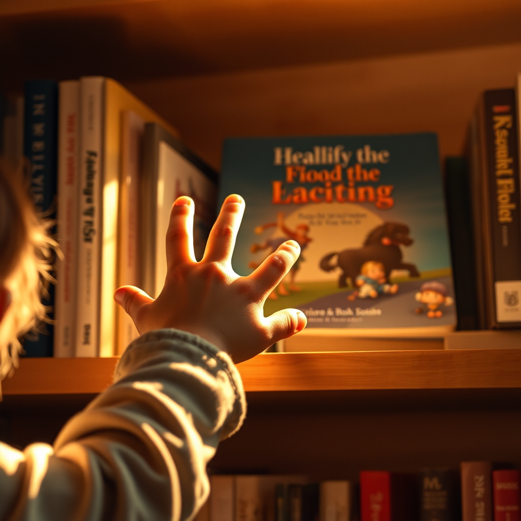 A child's hand reaching for a book on a shelf, bathed in soft, golden light. The book's cover is enticing and intriguing. Capture the excitement of discovering a new and exciting story. Technical specs: 4K resolution, warm lighting.
