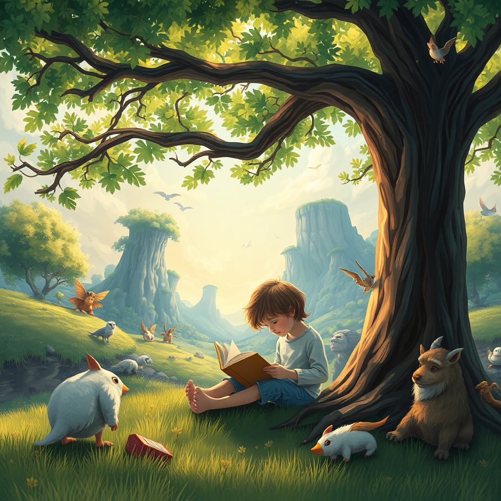 A child sitting beneath a tree, engrossed in reading a book. Around them, the environment is transforming into the world depicted in the story – fantastical creatures, magical landscapes, etc. Illustrate the power of imagination. Technical specs: 4K resolution, vibrant colors.