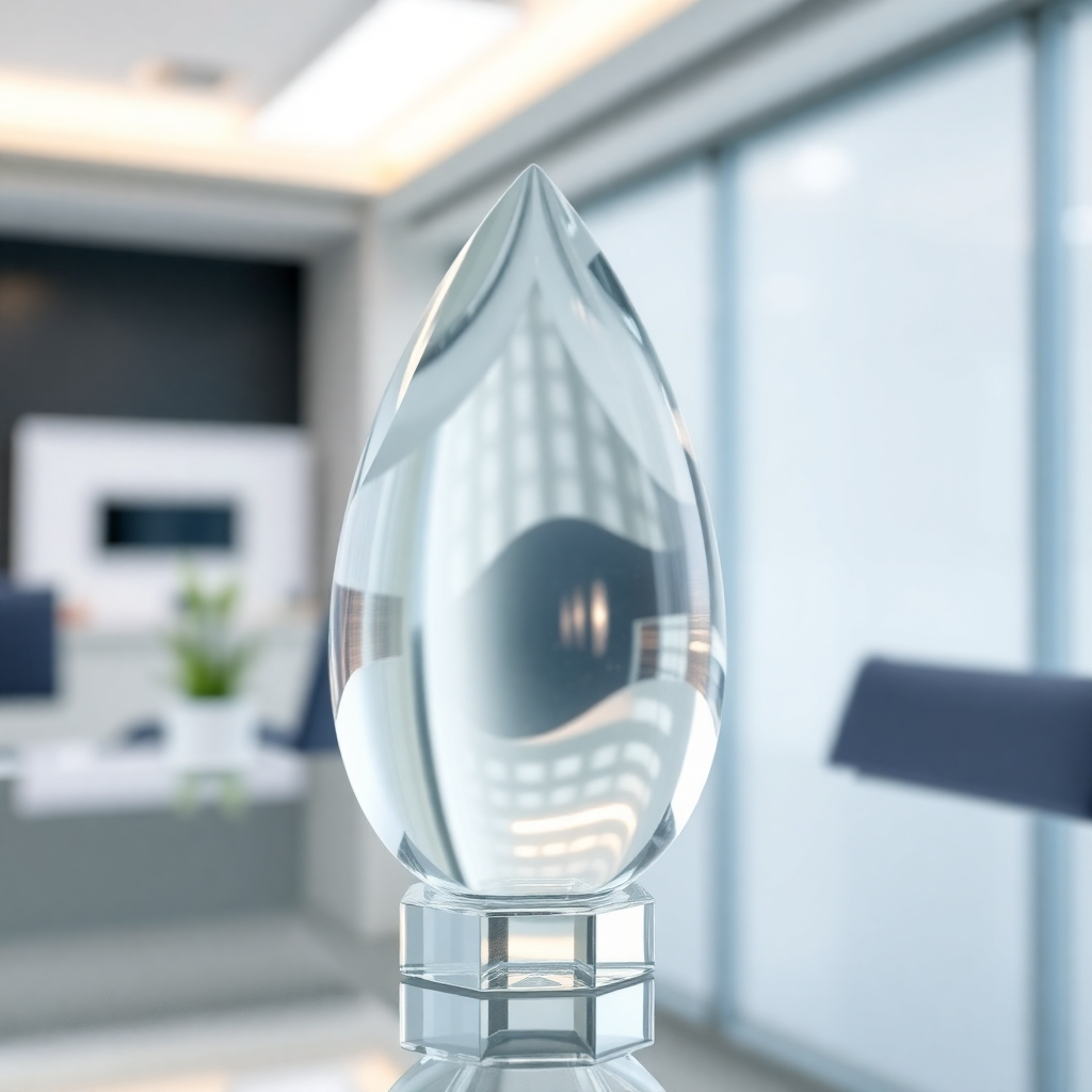 A clear, crystal-like object reflecting light, symbolizing transparency and integrity. The background should be a clean, professional office setting.