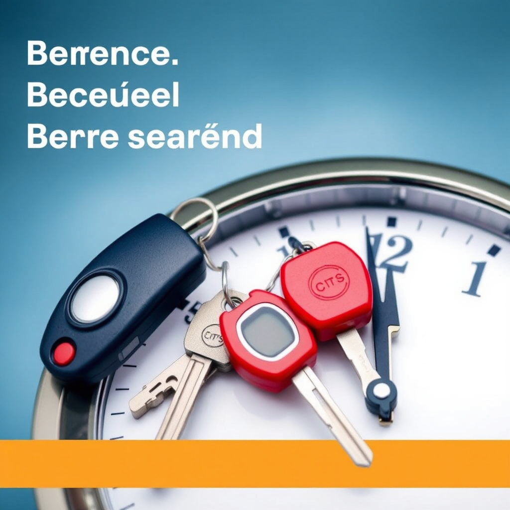 A clock with car keys overlayed, indicating the swiftness and efficiency of broker services in securing car loans. Style: Efficient and modern.
