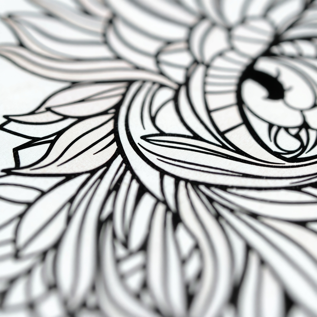 A close-up, 4K resolution image showcasing the intricate details of a completed line art coloring page. Show the vibrant colors, precise lines, and the overall intricate details of the image.  The background could include soft light and some slightly blurred elements that give depth of field, emphasizing the coloring page's details. The texture should be detailed, depicting the paper and the coloring materials used.
