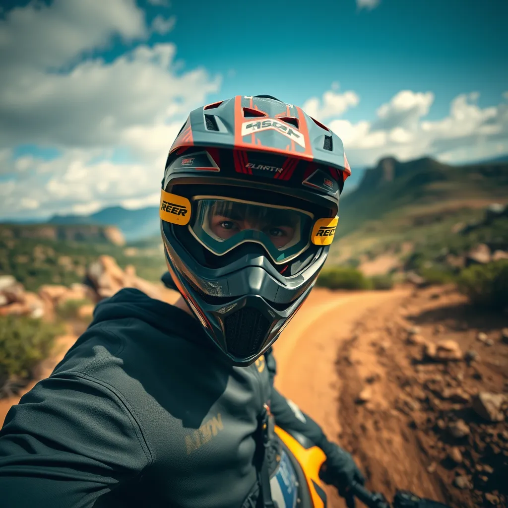 A close-up image of a dirt bike rider wearing a full-face helmet and protective gear. The rider is in the middle of a challenging trail, with rocks, dirt, and a picturesque landscape surrounding them. The image should emphasize the importance of investing in safety and maintenance.