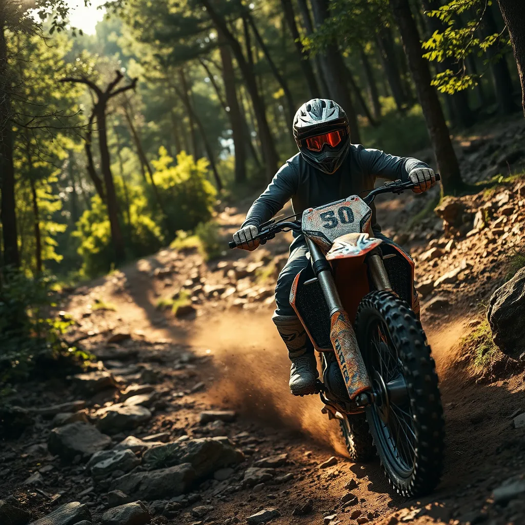 A close-up of a dirt bike rider navigating a rocky, winding trail in a lush forest. Sunlight filters through the trees, casting dappled shadows on the rider and the bike. The rider is wearing protective gear, including a helmet, goggles, and riding boots. The dirt bike is covered in dust and mud, highlighting its use in challenging conditions. The image should evoke a sense of adventure and excitement.