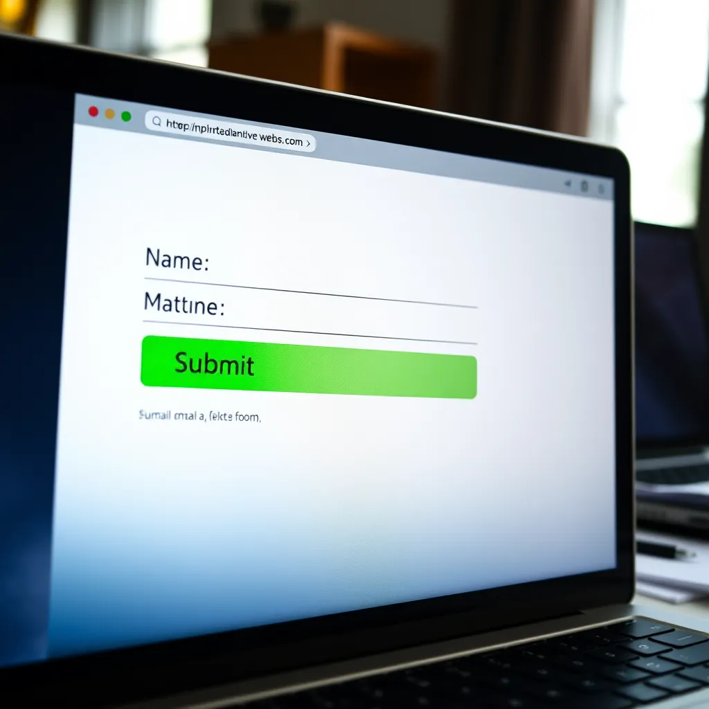 A close-up of a web form on a computer screen. The form fields should be clearly labeled with descriptive text like "Name", "Email", and "Message", and the submit button should be prominently displayed in a bright green color. The background should be a professional office setting, with a laptop and papers.