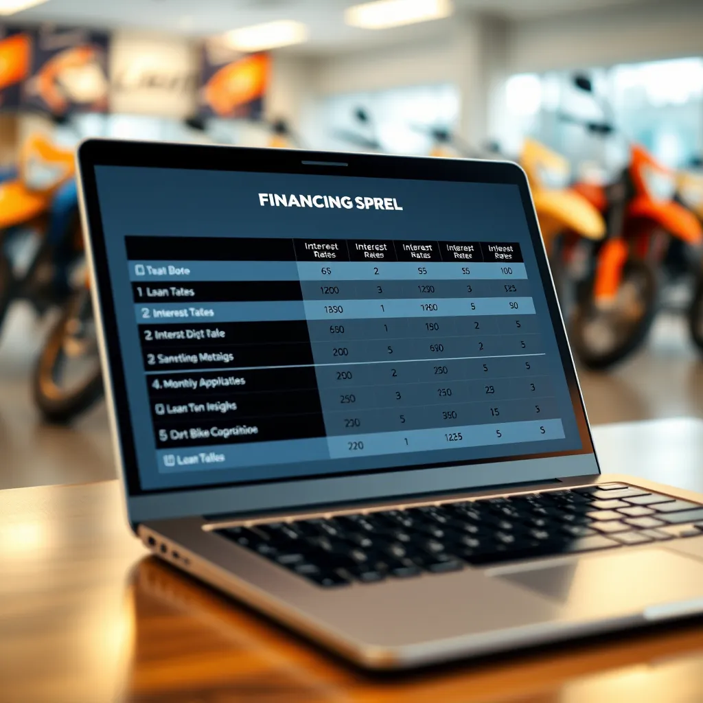 A close-up photorealistic illustration of a laptop screen showing a comparison table of different dirt bike financing offers from various lenders. The table should highlight factors like interest rates, loan terms, and monthly payments. The background could be a blurred image of dirt bikes lined up in a dealership.
