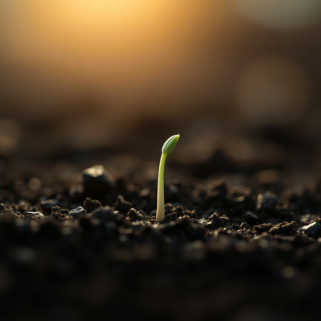A close-up photorealistic image of a single seed sprouting from dark soil, pushing upwards towards a bright light source.  The background is blurred, focusing attention on the seed and its delicate sprout.  The overall mood is hopeful and optimistic, suggesting the potential for growth and development. The lighting should be soft and natural.