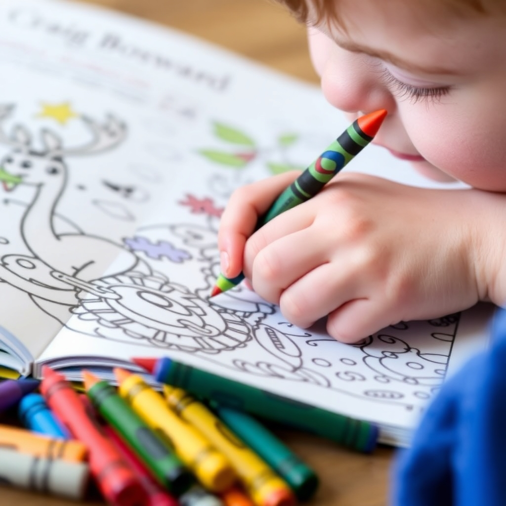 A close-up shot of a child's hand carefully coloring a detailed illustration from a Craig Bosward coloring book, highlighting the textures of the crayons and the vibrancy of the colors. The child's expression should show focused concentration and creative satisfaction.