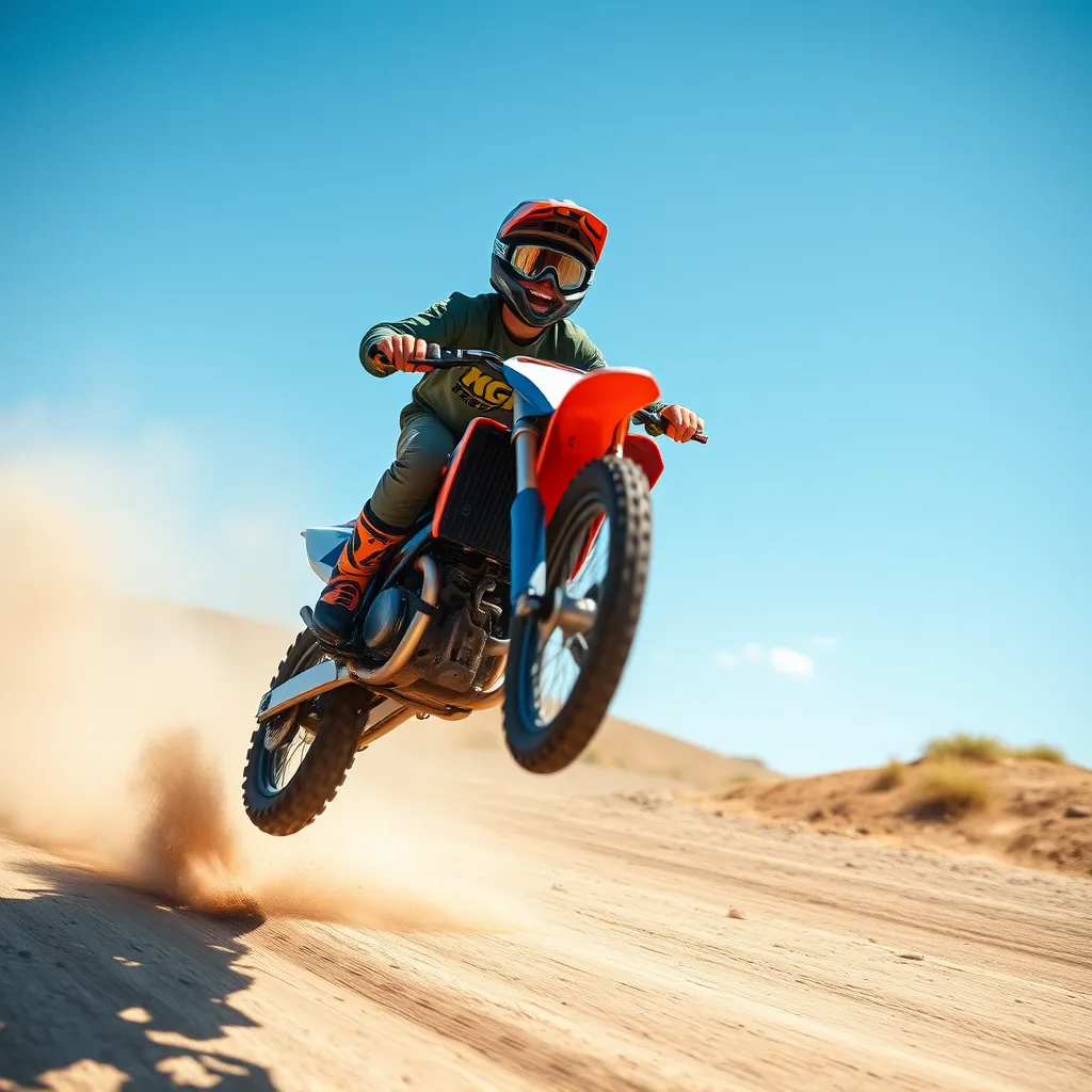 A close-up shot of a dirt bike rider soaring through the air, landing on a dirt track. The rider is wearing a helmet and goggles, with a bright smile on their face. The background is a sunny, open dirt track with a blue sky. The image should convey a sense of freedom and excitement.