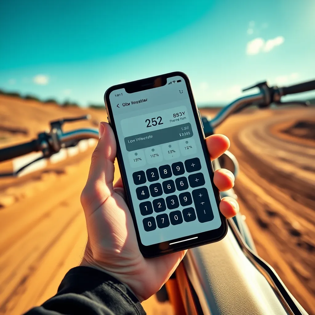 A close-up shot of a dirt bike rider's hand holding a smartphone displaying a digital calculator with a low interest rate and clear finance plan, with a bright, sunny dirt track background.