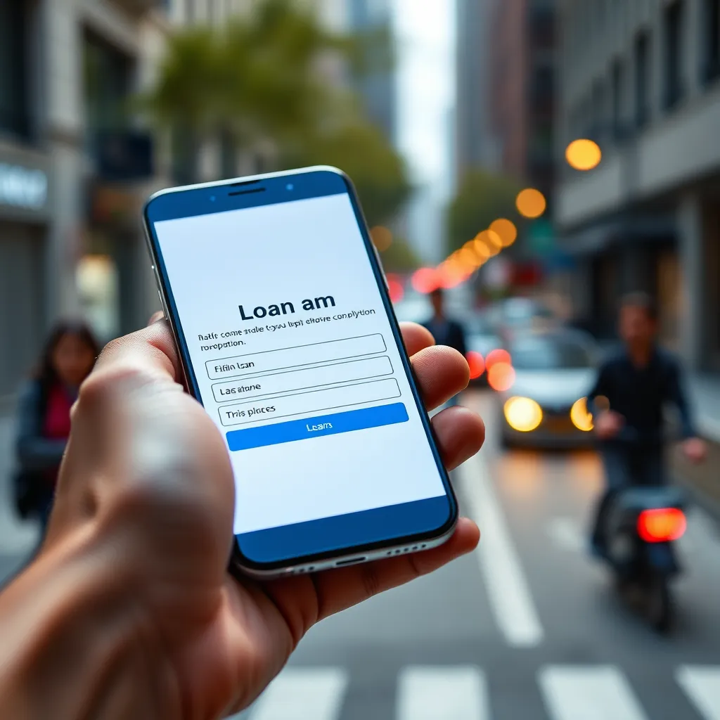 A close-up shot of a hand holding a smartphone, with a bright and modern online loan application form displayed on the screen. The background shows a blurred image of a busy city street, emphasizing the speed and convenience of the process.