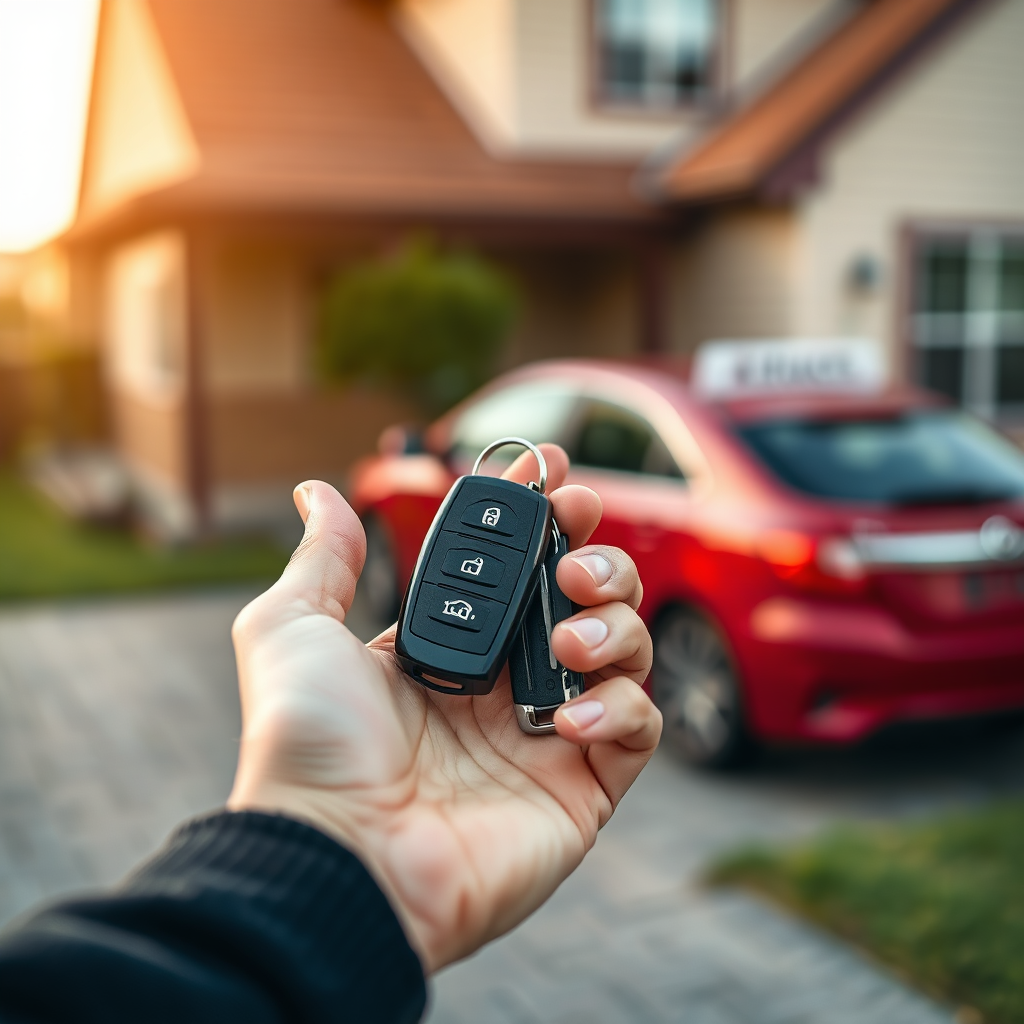 A close-up shot of a hand holding car keys, with a blurred background showing a car parked in front of a house. Focus is on the keys and the sense of opportunity and freedom they represent. The lighting is soft and warm. Style: Hopeful and empowering.