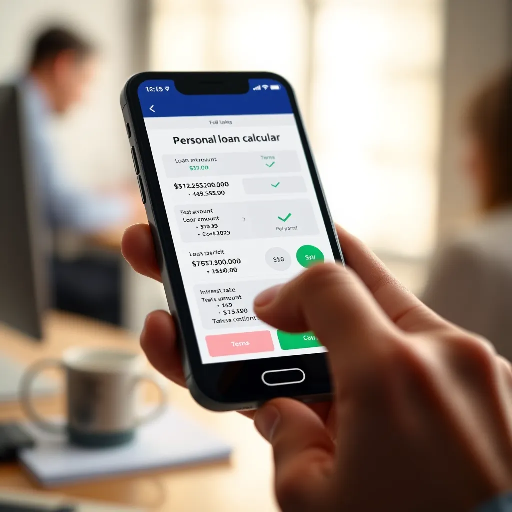 A close-up shot of a hand interacting with a personal loan calculator on a smartphone. The screen shows multiple loan scenarios with different amounts, interest rates, and terms, highlighting the ability to compare options. The background is a blurred image of a person working at a desk.