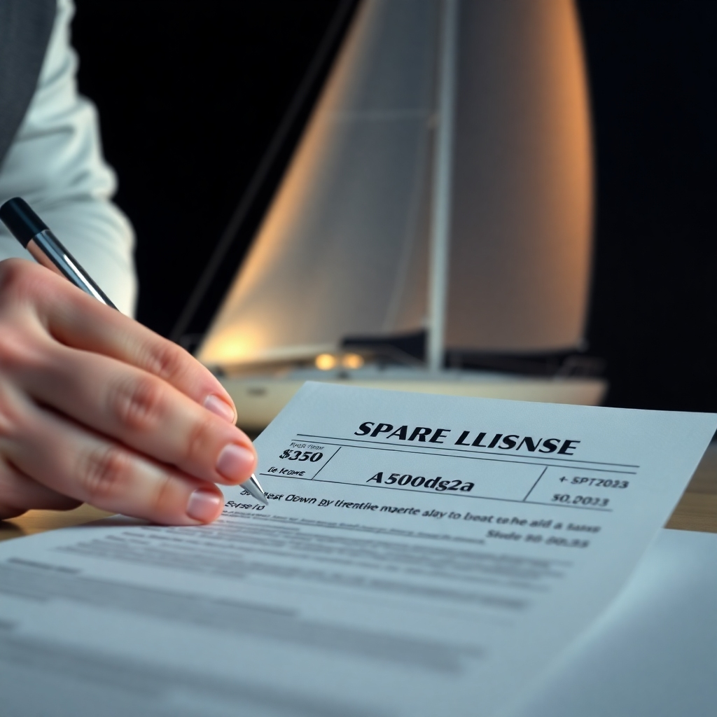 A close-up shot of a hand signing loan documents, with a sleek, modern trailer sailer sailboat partially visible in the background. The image should be sharply focused, with good lighting and a clean, professional aesthetic.  The documents should show a significant down payment amount clearly.