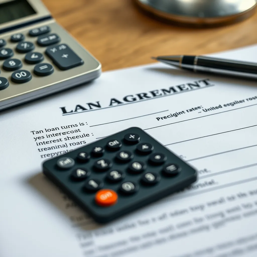 A close-up shot of a loan agreement with a calculator and a pen on a desk, showcasing a clear and transparent breakdown of the loan terms, including interest rates and repayment schedule. The image should convey clarity and affordability.