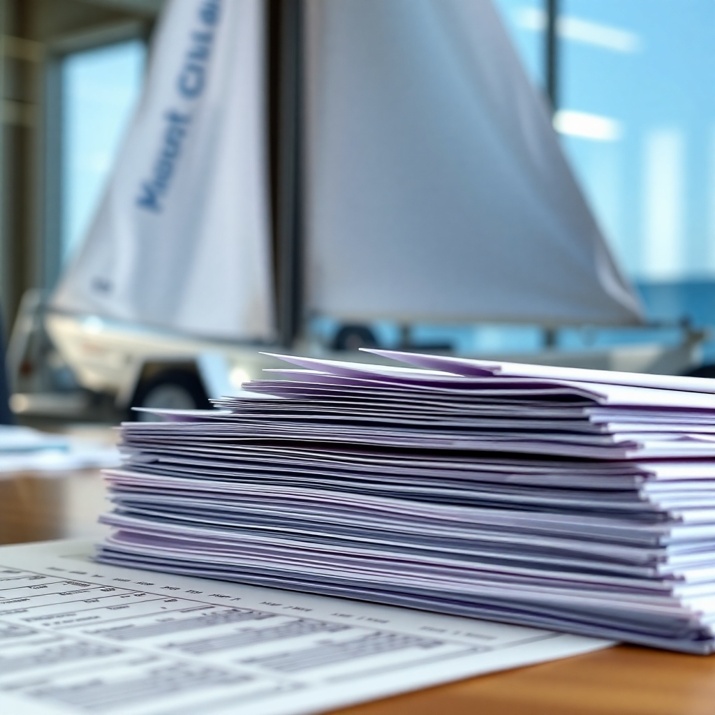 A close-up shot of a meticulously organized loan application, with paperwork neatly stacked.  In the background, a blurred image of a shiny, well-maintained trailer sailer should be visible, highlighting the purpose of the application.  The overall feeling should be one of preparedness and order.