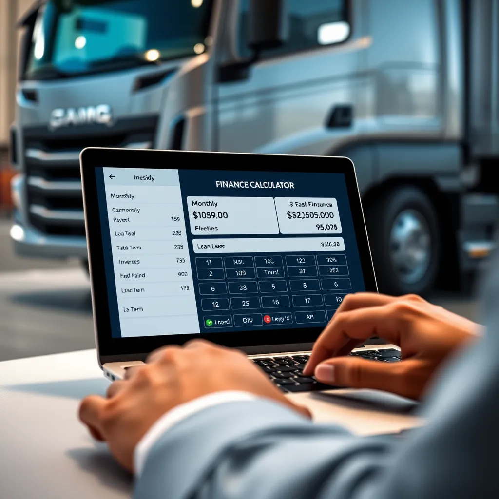 A close-up shot of a person using a truck finance calculator on a laptop, with a sleek, modern truck in the background. The calculator interface displays a breakdown of the monthly payment, total interest paid, and loan term. The image should have a professional and informative tone, emphasizing the ease and efficiency of the calculator.