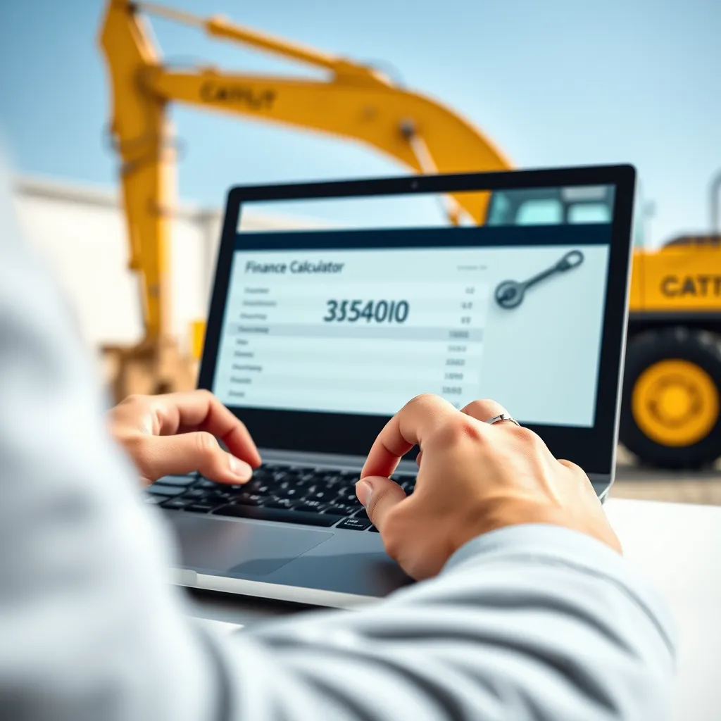 A close-up shot of a person using a finance calculator on a laptop, with a bright yellow construction vehicle in the background. The calculator screen displays a monthly payment amount. The image should be clean, modern, and visually appealing, conveying a sense of control and clarity.